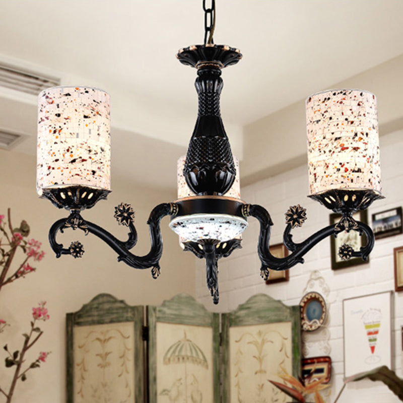 Black Cylinder Hanging Chandelier Mediterranean 4/6/9 Lights Stained Glass Suspension Pendant Light 4 Black Clearhalo 'Ceiling Lights' 'Chandeliers' 'Close To Ceiling Lights' 'Industrial' 'Middle Century Chandeliers' 'Tiffany Chandeliers' 'Tiffany close to ceiling' 'Tiffany' Lighting' 296801