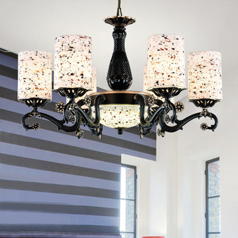 Black Cylinder Hanging Chandelier Mediterranean 4/6/9 Lights Stained Glass Suspension Pendant Light 7 Black Clearhalo 'Ceiling Lights' 'Chandeliers' 'Close To Ceiling Lights' 'Industrial' 'Middle Century Chandeliers' 'Tiffany Chandeliers' 'Tiffany close to ceiling' 'Tiffany' Lighting' 296806