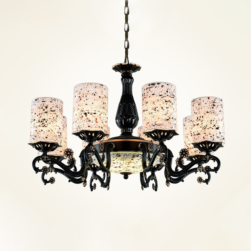 Black Cylinder Hanging Chandelier Mediterranean 4/6/9 Lights Stained Glass Suspension Pendant Light 9 Black Clearhalo 'Ceiling Lights' 'Chandeliers' 'Close To Ceiling Lights' 'Industrial' 'Middle Century Chandeliers' 'Tiffany Chandeliers' 'Tiffany close to ceiling' 'Tiffany' Lighting' 296809