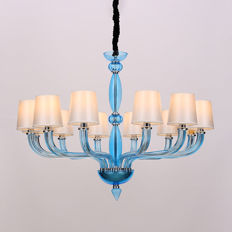 12 Bulbs Ceiling Chandelier Tradition Starburst White/Red/Blue Glass Hanging Pendant Light with Cone Fabric Shade Blue Clearhalo 'Ceiling Lights' 'Chandeliers' Lighting' options 296821_656b1678-fc9b-4cfc-b1f4-b85e51eaf65f