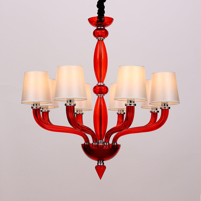 12 Bulbs Ceiling Chandelier Tradition Starburst White/Red/Blue Glass Hanging Pendant Light with Cone Fabric Shade Red Clearhalo 'Ceiling Lights' 'Chandeliers' Lighting' options 296826_537e6465-ea88-4ad3-b263-27d9e288842d