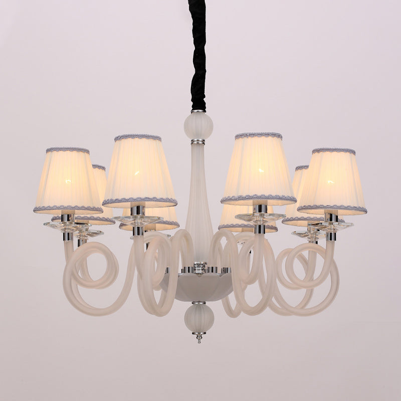 Vintage Swirled Arm Ceiling Chandelier 12 Lights Black/White/Red Glass Hanging Lamp Fixture with Cone Fabric Shade White Clearhalo 'Ceiling Lights' 'Chandeliers' Lighting' options 296835_1194d152-c994-41fa-891c-7a2d6f70fe61
