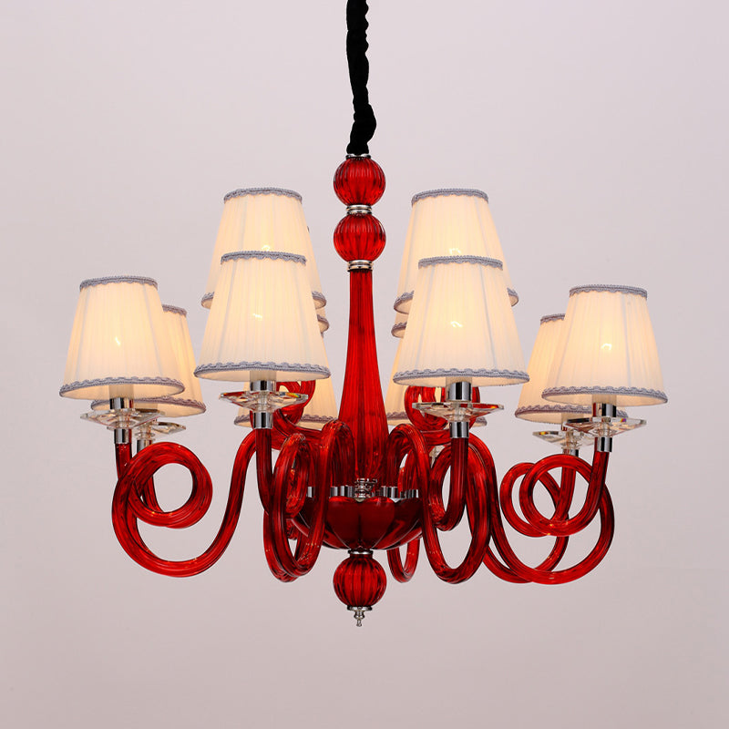 Vintage Swirled Arm Ceiling Chandelier 12 Lights Black/White/Red Glass Hanging Lamp Fixture with Cone Fabric Shade Red Clearhalo 'Ceiling Lights' 'Chandeliers' Lighting' options 296841_5ae49da7-b3d5-413b-b80c-7f1dcb9f1b4b