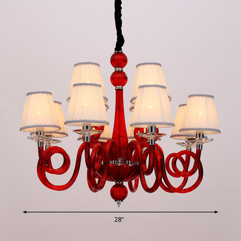 Vintage Swirled Arm Ceiling Chandelier 12 Lights Black/White/Red Glass Hanging Lamp Fixture with Cone Fabric Shade Clearhalo 'Ceiling Lights' 'Chandeliers' Lighting' options 296842