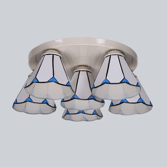 Leaf/Stripes Flush Mount Lighting 3/6 Lights Stained Glass Tiffany Ceiling Lamp in Blue for Living Room Clearhalo 'Ceiling Lights' 'Close To Ceiling Lights' 'Close to ceiling' 'Flush mount' Lighting' 296921