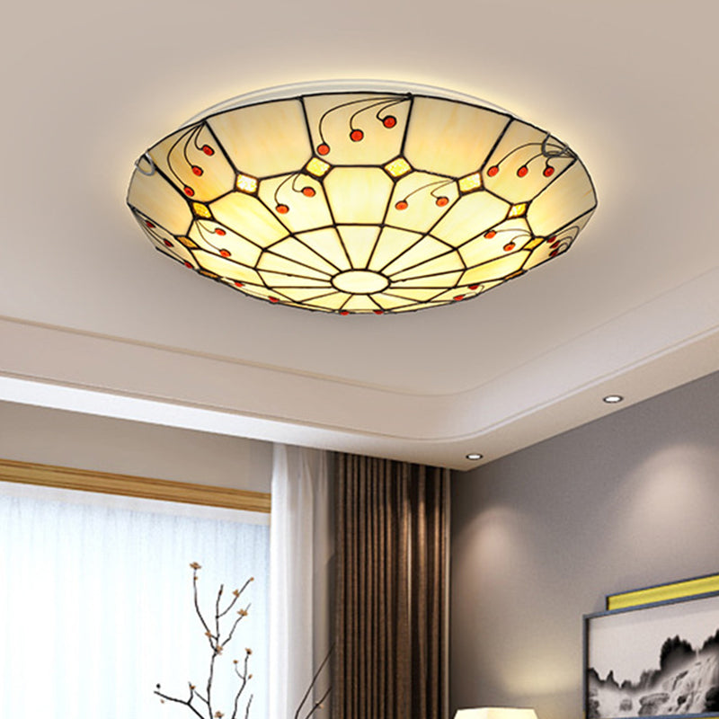 Tiffany Bowl Flush Light Fixture 12"/16"/20.5" Wide LED Stained Glass Ceiling Mounted Lighting in Beige for Living Room, Warm/White Light Beige Warm Clearhalo 'Ceiling Lights' 'Close To Ceiling Lights' 'Close to ceiling' 'Flush mount' Lighting' 296934