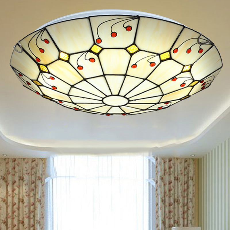 Tiffany Bowl Flush Light Fixture 12"/16"/20.5" Wide LED Stained Glass Ceiling Mounted Lighting in Beige for Living Room, Warm/White Light Clearhalo 'Ceiling Lights' 'Close To Ceiling Lights' 'Close to ceiling' 'Flush mount' Lighting' 296936