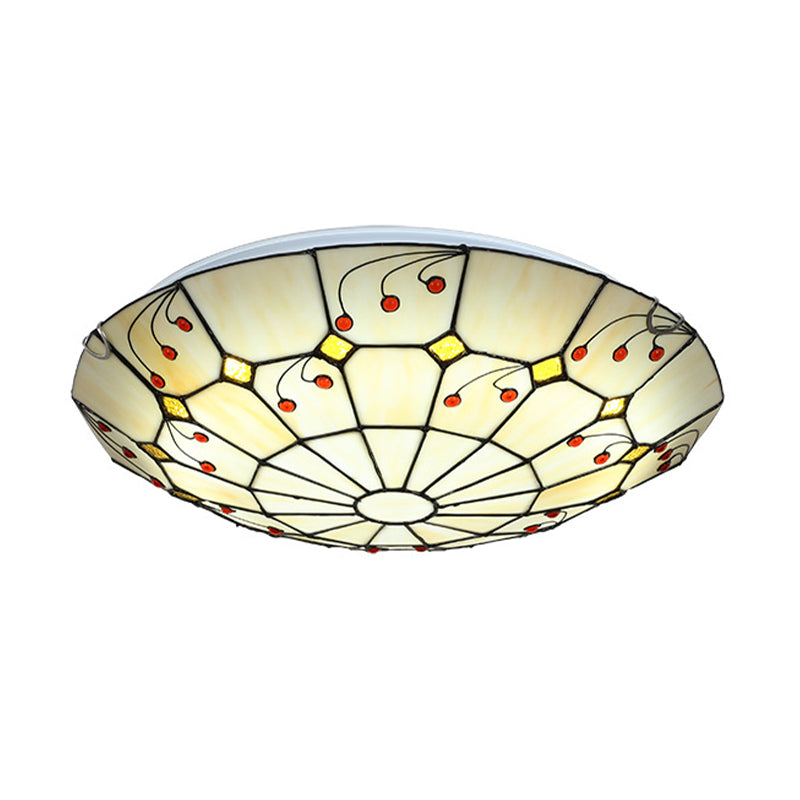 Tiffany Bowl Flush Light Fixture 12"/16"/20.5" Wide LED Stained Glass Ceiling Mounted Lighting in Beige for Living Room, Warm/White Light Clearhalo 'Ceiling Lights' 'Close To Ceiling Lights' 'Close to ceiling' 'Flush mount' Lighting' 296937