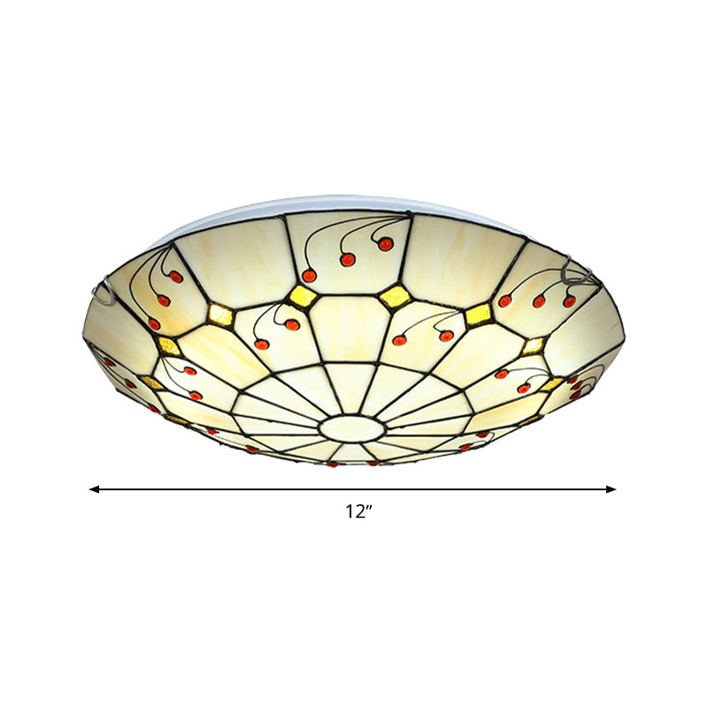 Tiffany Bowl Flush Light Fixture 12"/16"/20.5" Wide LED Stained Glass Ceiling Mounted Lighting in Beige for Living Room, Warm/White Light Clearhalo 'Ceiling Lights' 'Close To Ceiling Lights' 'Close to ceiling' 'Flush mount' Lighting' 296938