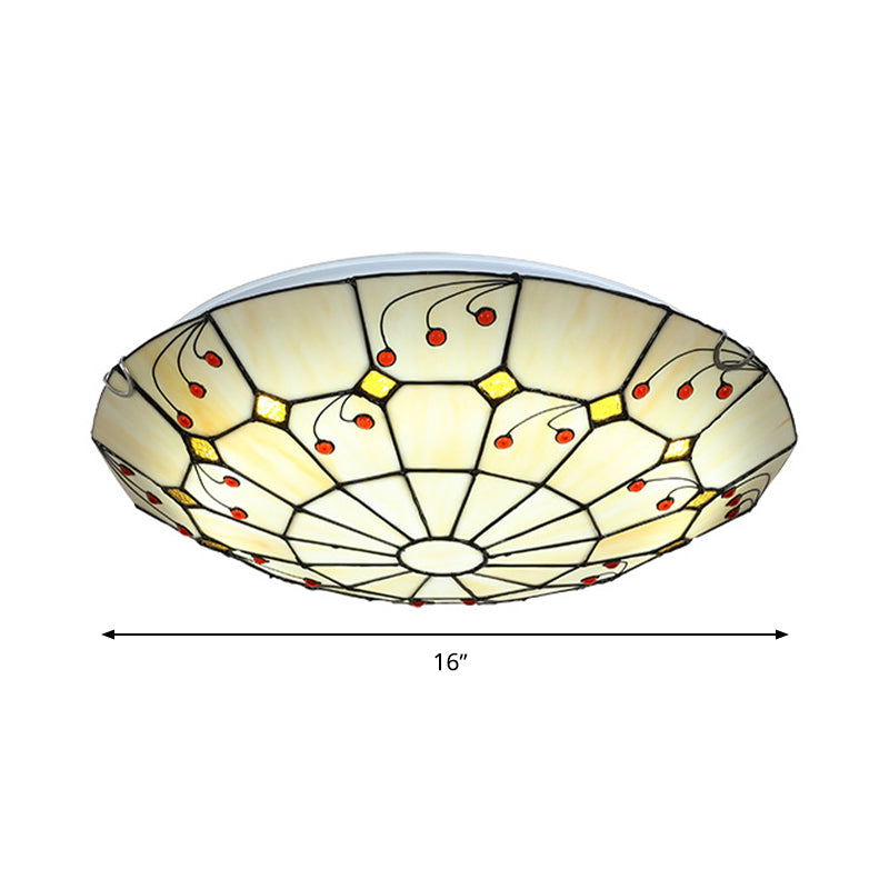 Tiffany Bowl Flush Light Fixture 12"/16"/20.5" Wide LED Stained Glass Ceiling Mounted Lighting in Beige for Living Room, Warm/White Light Clearhalo 'Ceiling Lights' 'Close To Ceiling Lights' 'Close to ceiling' 'Flush mount' Lighting' 296939