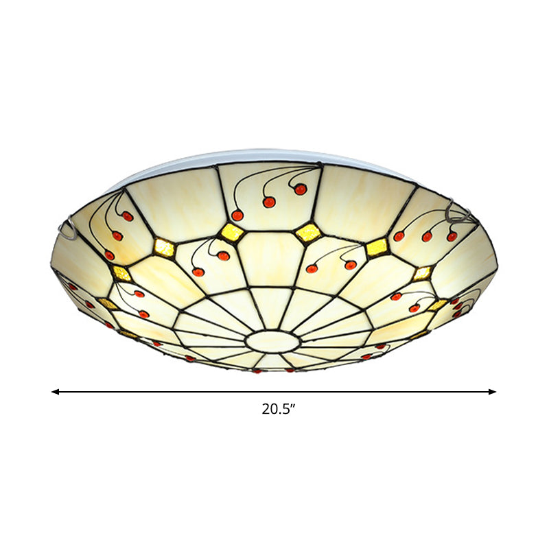 Tiffany Bowl Flush Light Fixture 12"/16"/20.5" Wide LED Stained Glass Ceiling Mounted Lighting in Beige for Living Room, Warm/White Light Clearhalo 'Ceiling Lights' 'Close To Ceiling Lights' 'Close to ceiling' 'Flush mount' Lighting' 296940