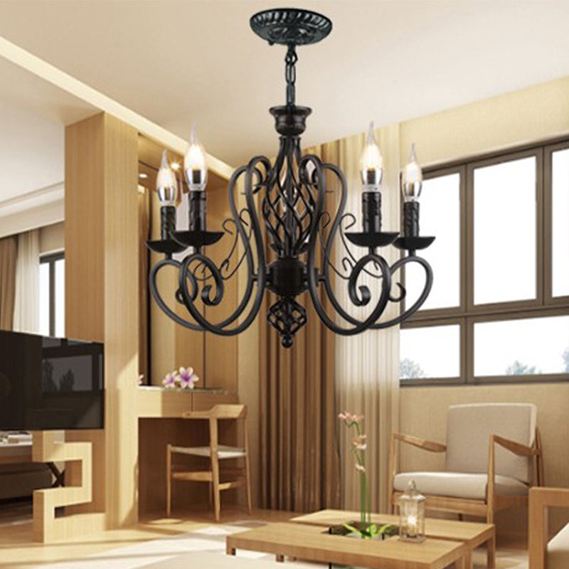 Curly Armed Metal Chandelier Lighting Traditional 3/5/6 Bulbs Living Room Ceiling Pendant Lamp in Black Clearhalo 'Ceiling Lights' 'Chandeliers' Lighting' options 296974