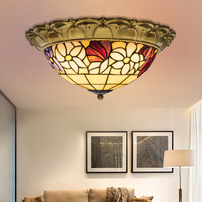 Brass 15"/16"/19.5" Wide LED Ceiling Flush Mediterranean Stained Glass Flower Flush Mount Lighting Brass Clearhalo 'Ceiling Lights' 'Close To Ceiling Lights' 'Close to ceiling' 'Flush mount' Lighting' 296979