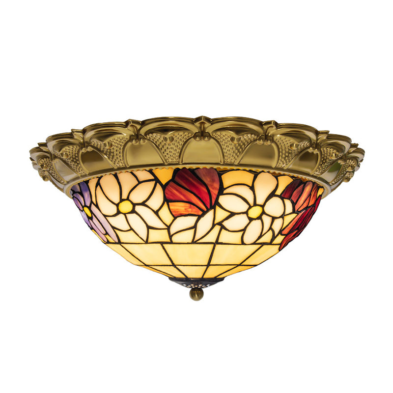 Brass 15"/16"/19.5" Wide LED Ceiling Flush Mediterranean Stained Glass Flower Flush Mount Lighting Clearhalo 'Ceiling Lights' 'Close To Ceiling Lights' 'Close to ceiling' 'Flush mount' Lighting' 296980