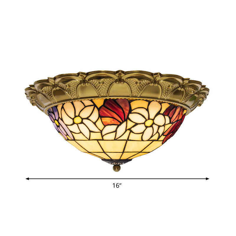 Brass 15"/16"/19.5" Wide LED Ceiling Flush Mediterranean Stained Glass Flower Flush Mount Lighting Clearhalo 'Ceiling Lights' 'Close To Ceiling Lights' 'Close to ceiling' 'Flush mount' Lighting' 296981