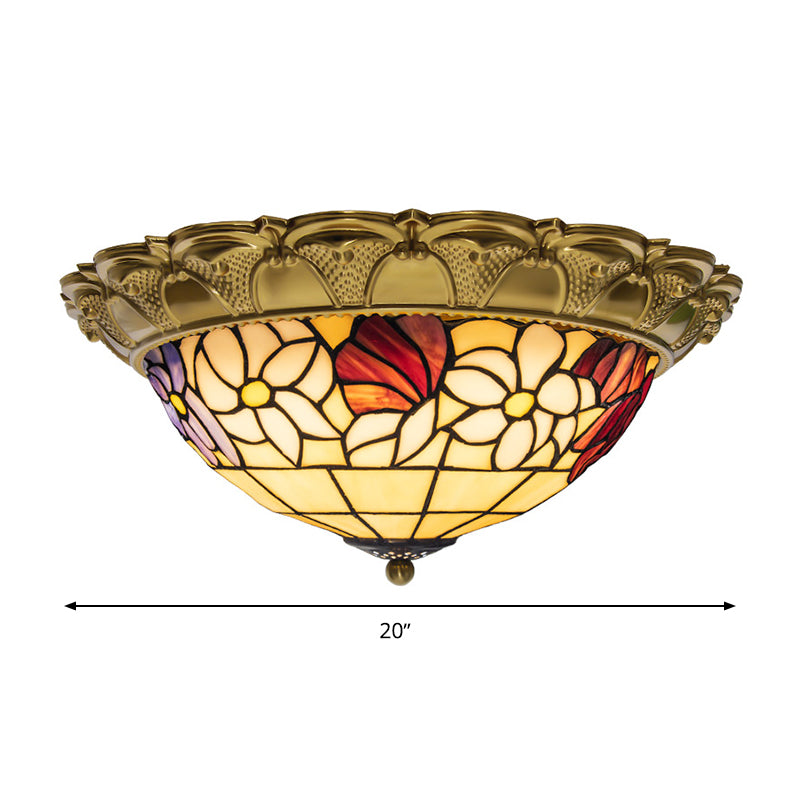 Brass 15"/16"/19.5" Wide LED Ceiling Flush Mediterranean Stained Glass Flower Flush Mount Lighting Clearhalo 'Ceiling Lights' 'Close To Ceiling Lights' 'Close to ceiling' 'Flush mount' Lighting' 296982