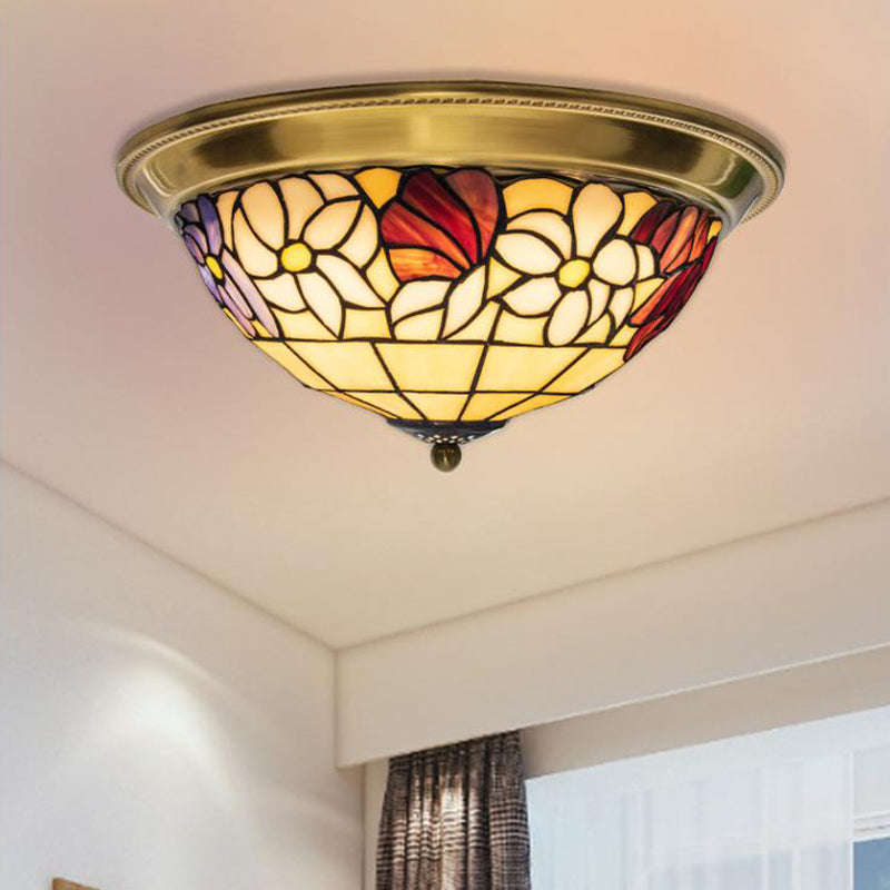 Brass 15"/16"/19.5" Wide LED Ceiling Flush Mediterranean Stained Glass Flower Flush Mount Lighting Brass Clearhalo 'Ceiling Lights' 'Close To Ceiling Lights' 'Close to ceiling' 'Flush mount' Lighting' 296985