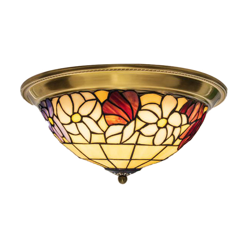 Brass 15"/16"/19.5" Wide LED Ceiling Flush Mediterranean Stained Glass Flower Flush Mount Lighting Clearhalo 'Ceiling Lights' 'Close To Ceiling Lights' 'Close to ceiling' 'Flush mount' Lighting' 296986