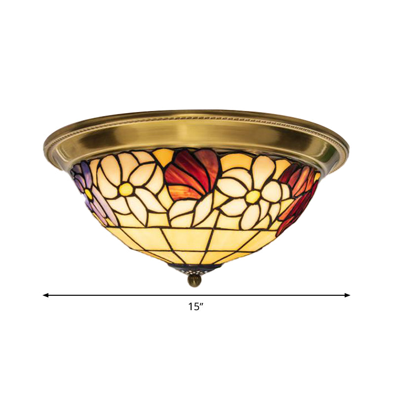 Brass 15"/16"/19.5" Wide LED Ceiling Flush Mediterranean Stained Glass Flower Flush Mount Lighting Clearhalo 'Ceiling Lights' 'Close To Ceiling Lights' 'Close to ceiling' 'Flush mount' Lighting' 296987