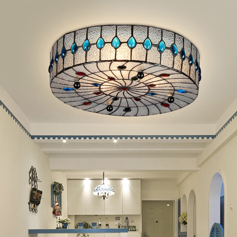 3 Lights 12"/16"/19.5" Wide Corridor Ceiling Flush Baroque Blue Flushmount with Drum Clear Bubble Glass Shade Clear Clearhalo 'Ceiling Lights' 'Close To Ceiling Lights' 'Close to ceiling' 'Flush mount' Lighting' 297089