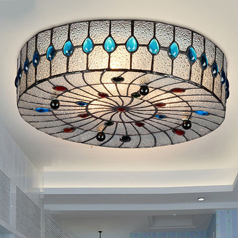 3 Lights 12"/16"/19.5" Wide Corridor Ceiling Flush Baroque Blue Flushmount with Drum Clear Bubble Glass Shade Clearhalo 'Ceiling Lights' 'Close To Ceiling Lights' 'Close to ceiling' 'Flush mount' Lighting' 297090