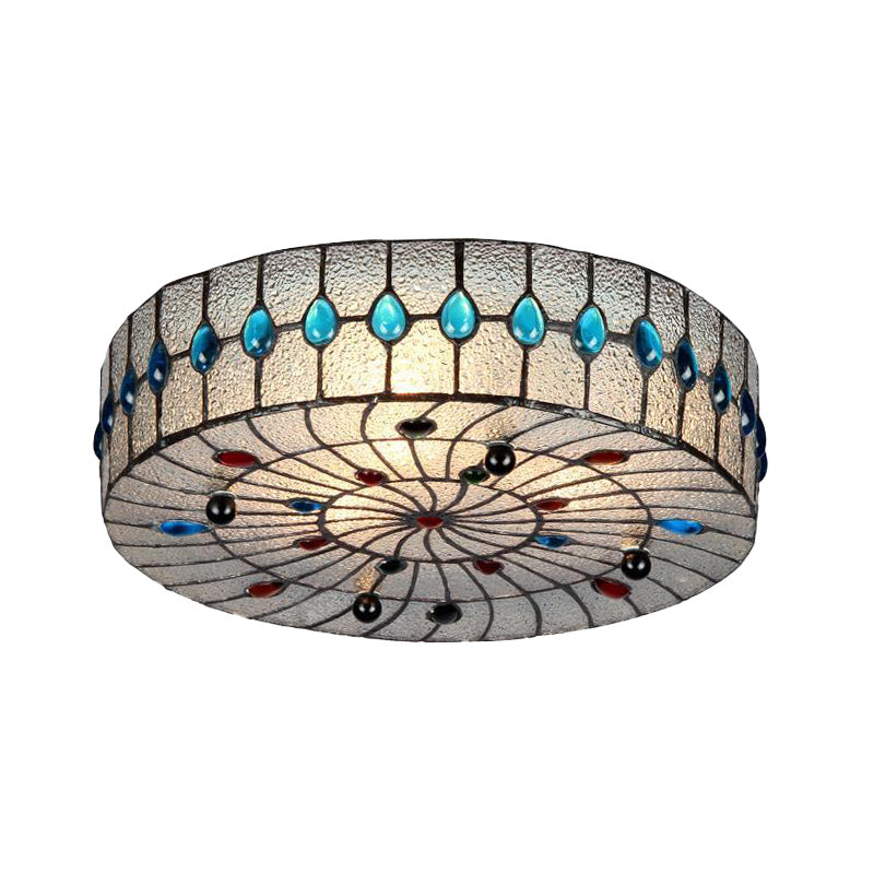 3 Lights 12"/16"/19.5" Wide Corridor Ceiling Flush Baroque Blue Flushmount with Drum Clear Bubble Glass Shade Clearhalo 'Ceiling Lights' 'Close To Ceiling Lights' 'Close to ceiling' 'Flush mount' Lighting' 297092