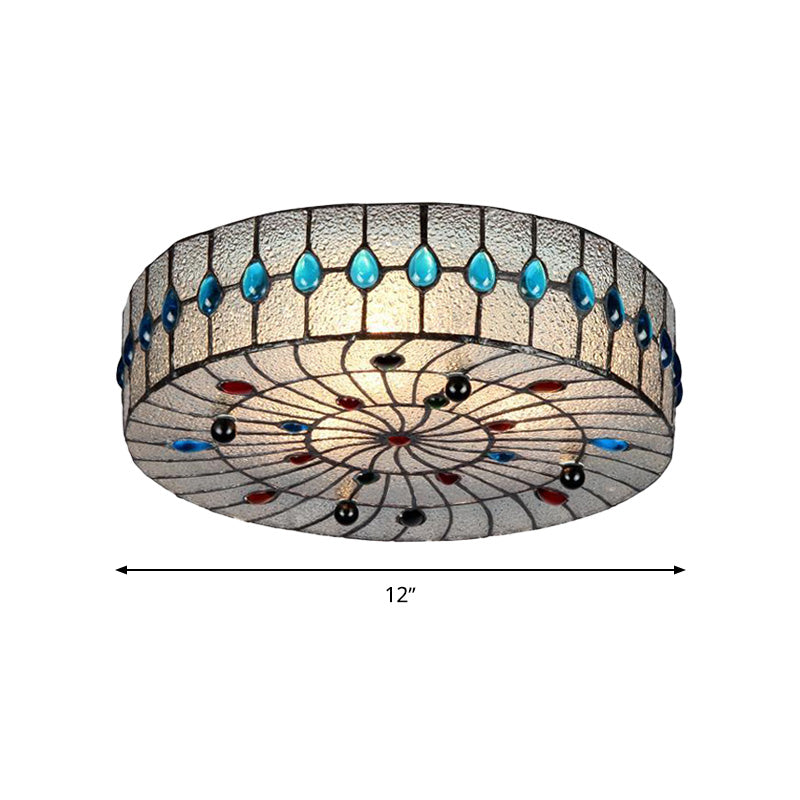 3 Lights 12"/16"/19.5" Wide Corridor Ceiling Flush Baroque Blue Flushmount with Drum Clear Bubble Glass Shade Clearhalo 'Ceiling Lights' 'Close To Ceiling Lights' 'Close to ceiling' 'Flush mount' Lighting' 297093