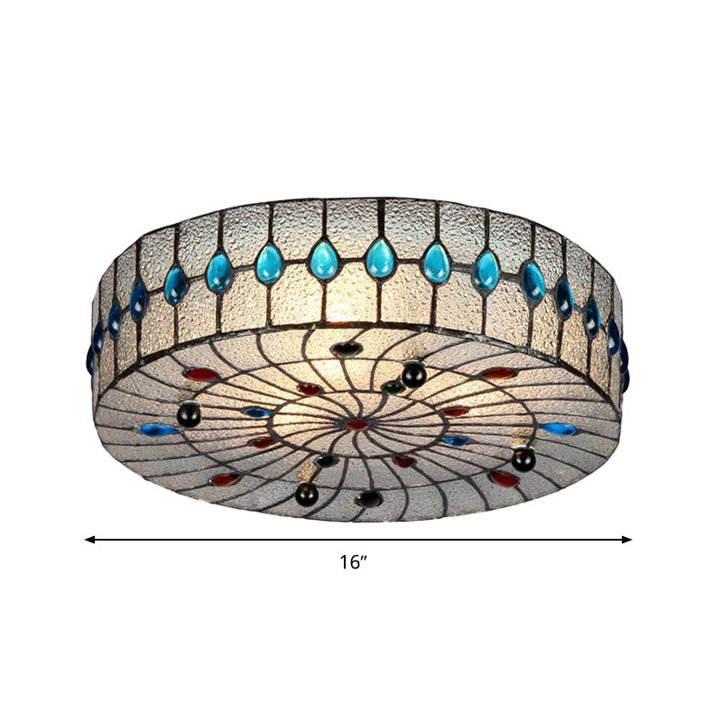 3 Lights 12"/16"/19.5" Wide Corridor Ceiling Flush Baroque Blue Flushmount with Drum Clear Bubble Glass Shade Clearhalo 'Ceiling Lights' 'Close To Ceiling Lights' 'Close to ceiling' 'Flush mount' Lighting' 297094