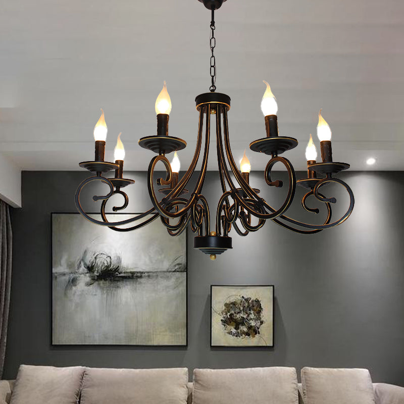 8 Lights Chandelier Pendant Lighting Antique Candle Shaped Metal Hanging Lamp Fixture in Black Clearhalo 'Ceiling Lights' 'Chandeliers' Lighting' options 297220