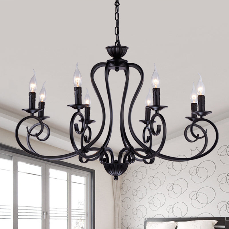 Black Swirled Arm Cahndelier Lamp Vintage Metal 8 Lights Bedroom Hanging Pendant Light Clearhalo 'Ceiling Lights' 'Chandeliers' Lighting' options 297262