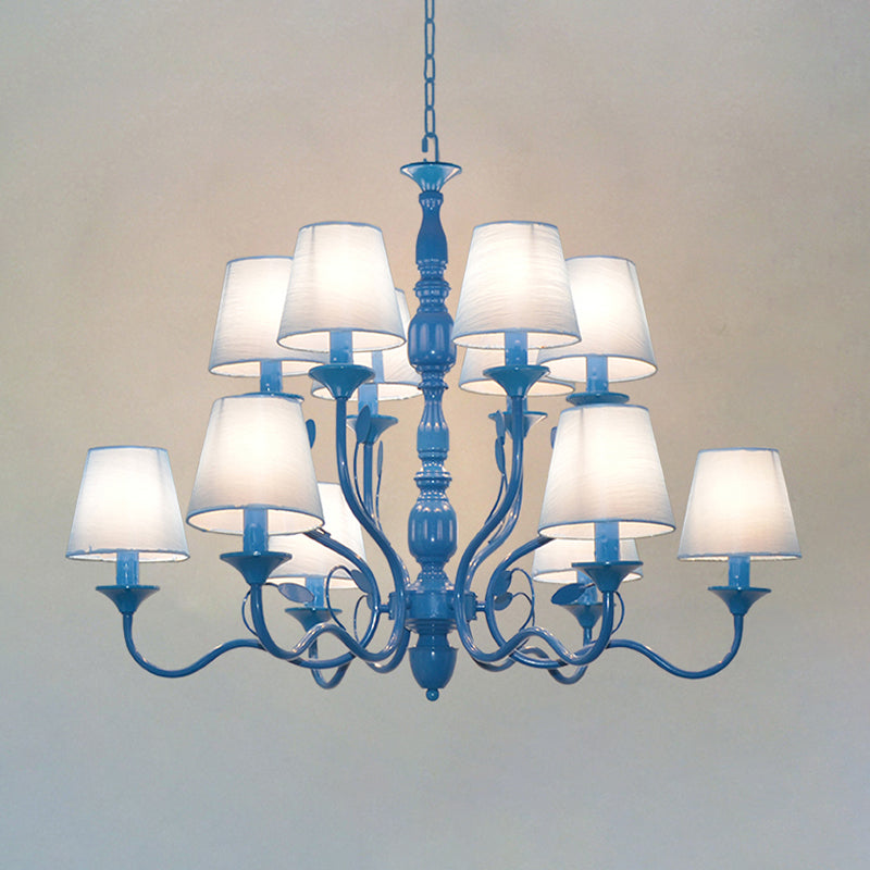 Metal Branch Ceiling Chandelier Antique 10/12/16 Heads Living Room Hanging Light Fixture in Blue with White Cone Fabric Shade Clearhalo 'Ceiling Lights' 'Chandeliers' Lighting' options 297315