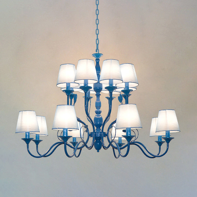 Metal Branch Ceiling Chandelier Antique 10/12/16 Heads Living Room Hanging Light Fixture in Blue with White Cone Fabric Shade 16 Blue Clearhalo 'Ceiling Lights' 'Chandeliers' Lighting' options 297319_96bebe14-6c35-4a90-936c-449e6cc5a6f1