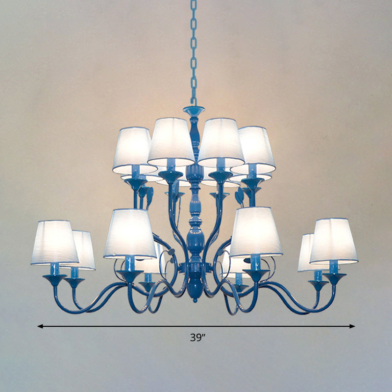 Metal Branch Ceiling Chandelier Antique 10/12/16 Heads Living Room Hanging Light Fixture in Blue with White Cone Fabric Shade Clearhalo 'Ceiling Lights' 'Chandeliers' Lighting' options 297320