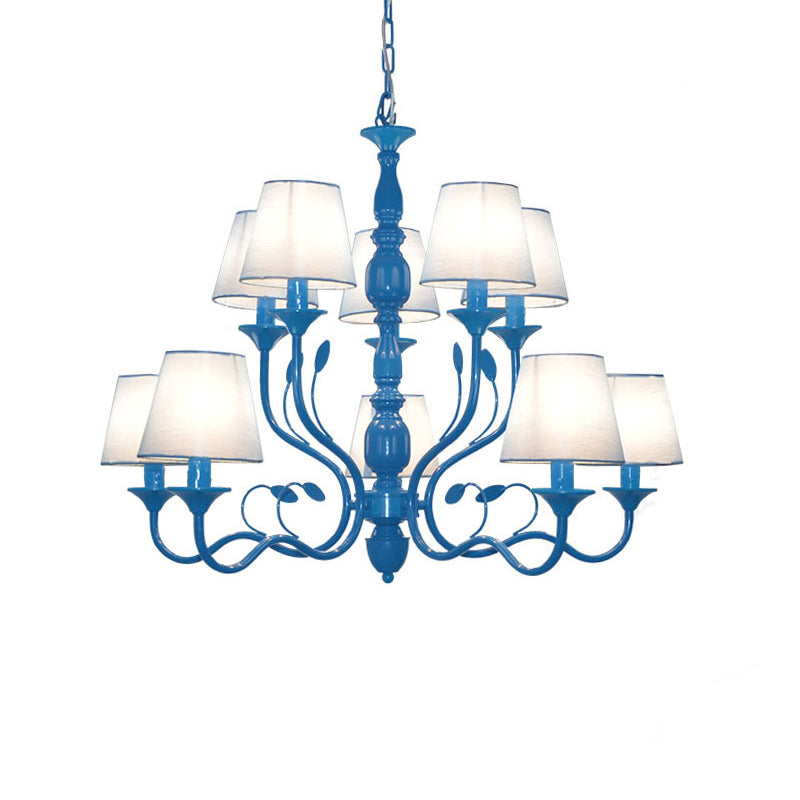 Metal Branch Ceiling Chandelier Antique 10/12/16 Heads Living Room Hanging Light Fixture in Blue with White Cone Fabric Shade Clearhalo 'Ceiling Lights' 'Chandeliers' Lighting' options 297321