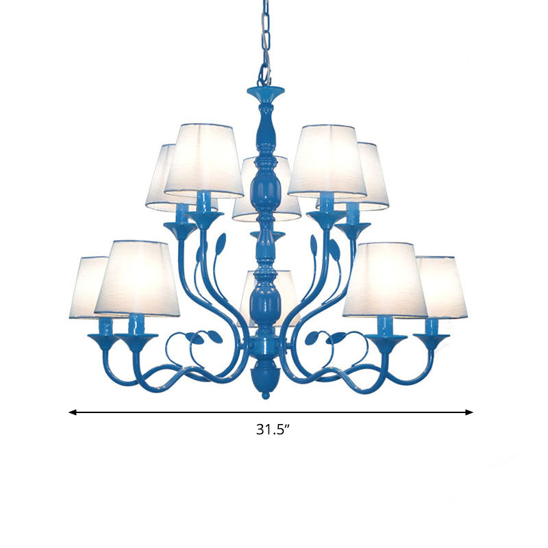 Metal Branch Ceiling Chandelier Antique 10/12/16 Heads Living Room Hanging Light Fixture in Blue with White Cone Fabric Shade Clearhalo 'Ceiling Lights' 'Chandeliers' Lighting' options 297322