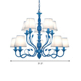 Metal Branch Ceiling Chandelier Antique 10/12/16 Heads Living Room Hanging Light Fixture in Blue with White Cone Fabric Shade Clearhalo 'Ceiling Lights' 'Chandeliers' Lighting' options 297322