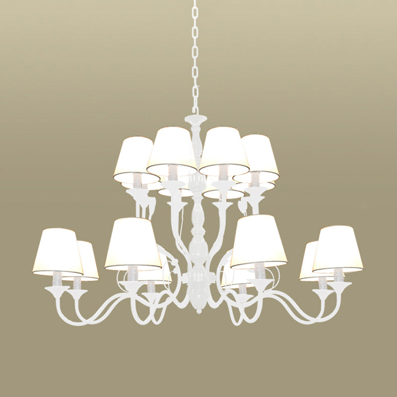 White Tapered Chandelier Lamp Traditionary Fabric 10/12/16 Bulbs Bedroom Pendant Light Fixture with Curved Metal Arm 16 White Clearhalo 'Ceiling Lights' 'Chandeliers' Lighting' options 297347_7d53fdb8-808b-4091-812c-256b346b2e24