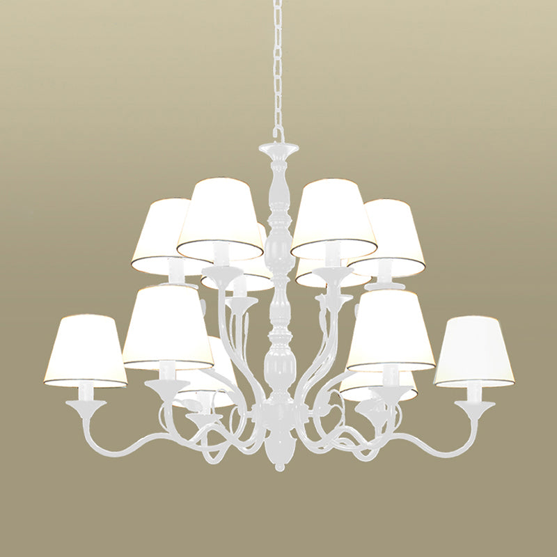 White Tapered Chandelier Lamp Traditionary Fabric 10/12/16 Bulbs Bedroom Pendant Light Fixture with Curved Metal Arm 12 White Clearhalo 'Ceiling Lights' 'Chandeliers' Lighting' options 297349_db2f8191-552f-45d3-b22d-c37ddec7fb65