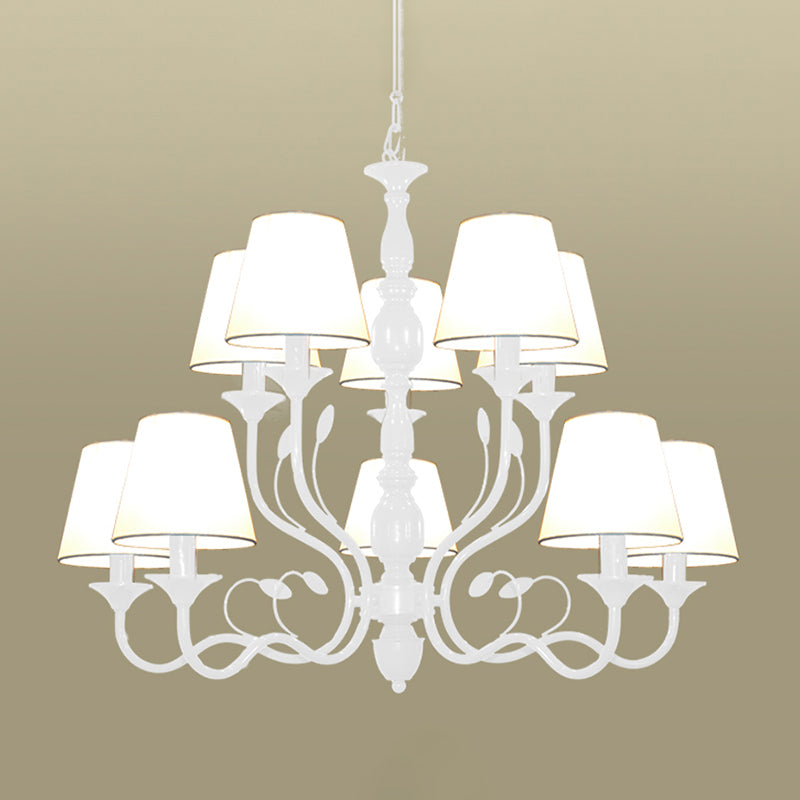 White Tapered Chandelier Lamp Traditionary Fabric 10/12/16 Bulbs Bedroom Pendant Light Fixture with Curved Metal Arm Clearhalo 'Ceiling Lights' 'Chandeliers' Lighting' options 297351