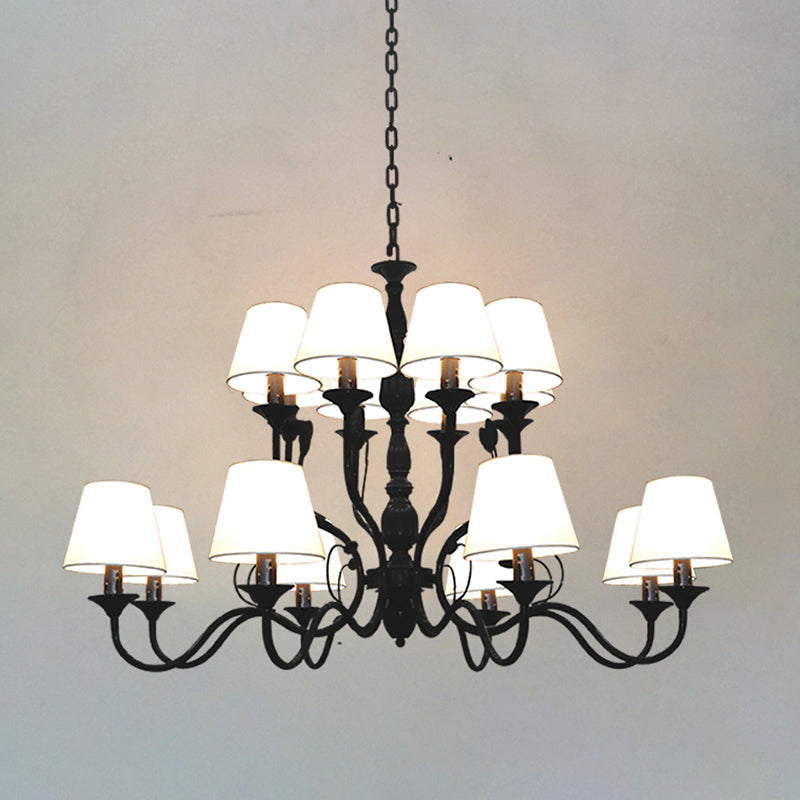 Metal Black Chandelier Lighting Cuvry Arm 10/12/16 Bulbs Vintage Ceiling Hanging Lamp with White Cone Fabric Shade 16 Black Clearhalo 'Ceiling Lights' 'Chandeliers' Lighting' options 297355_5195ebd9-1c31-4629-87ff-7c16e3265bca