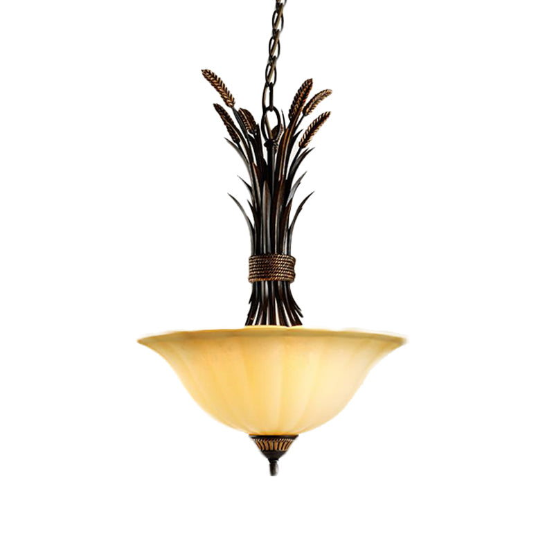 3 Heads Chandelier Pendant Lighting Traditional Wide Flare Beige Frosted Glass Ceiling Suspension Lamp in Black Clearhalo 'Ceiling Lights' 'Chandeliers' 'Close To Ceiling Lights' 'Glass shade' 'Glass' Lighting' 297371