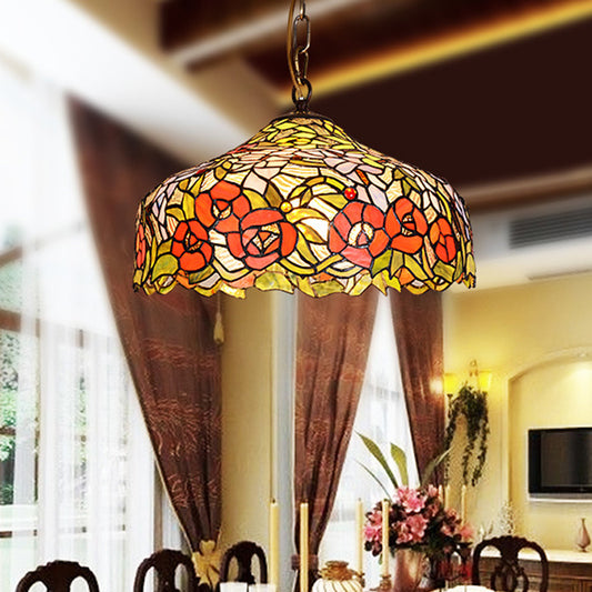 Floral Ceiling Suspension Lamp 1 Light Cut Glass Mediterranean Pendant Lighting Fixture in Red Red Clearhalo 'Ceiling Lights' 'Close To Ceiling Lights' 'Industrial' 'Middle Century Pendants' 'Pendant Lights' 'Pendants' 'Tiffany close to ceiling' 'Tiffany Pendants' 'Tiffany' Lighting' 297407