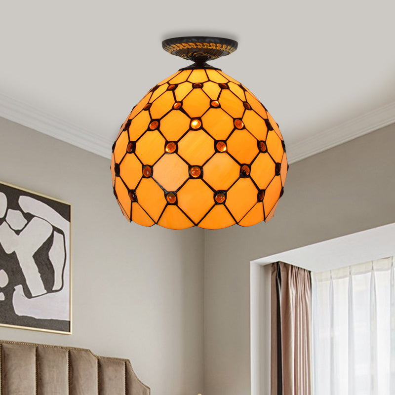 Jeweled Ceiling Flush Tiffany-Style Stained Art Glass 1 Head Bronze Flush Mount Light, 7.5"/8.5"/10" H Bronze 12.5" Clearhalo 'Ceiling Lights' 'Close To Ceiling Lights' 'Close to ceiling' 'Flush mount' Lighting' 297412