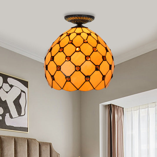 Jeweled Ceiling Flush Tiffany-Style Stained Art Glass 1 Head Bronze Flush Mount Light, 7.5"/8.5"/10" H Bronze 12.5" Clearhalo 'Ceiling Lights' 'Close To Ceiling Lights' 'Close to ceiling' 'Flush mount' Lighting' 297412