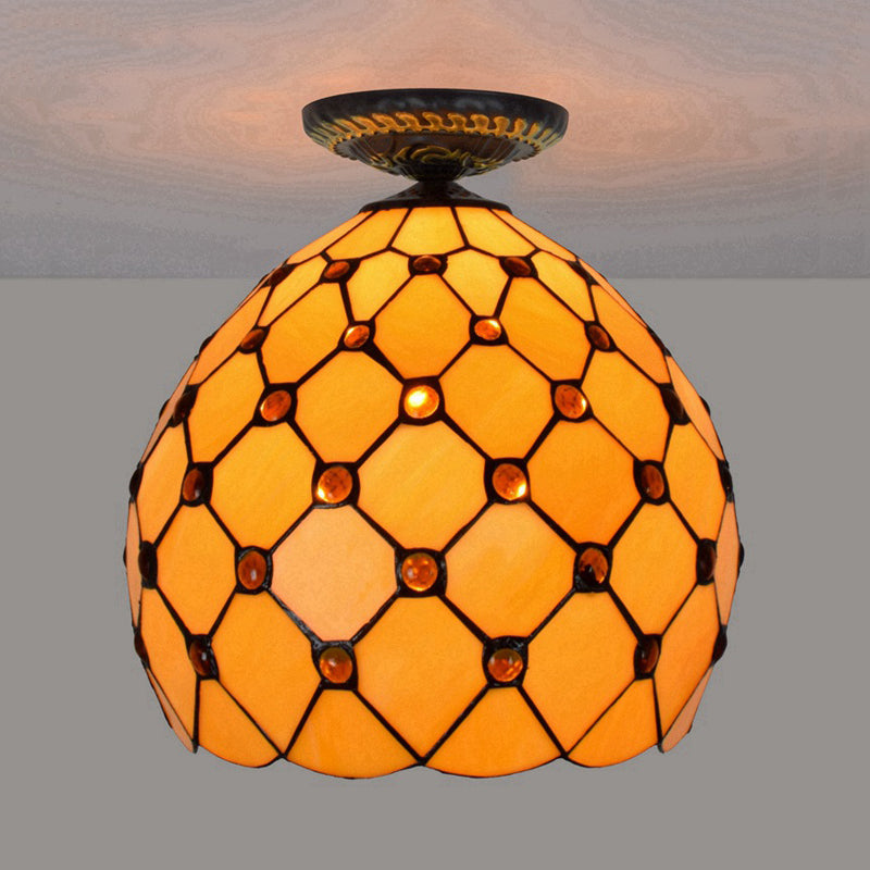 Jeweled Ceiling Flush Tiffany-Style Stained Art Glass 1 Head Bronze Flush Mount Light, 7.5"/8.5"/10" H Clearhalo 'Ceiling Lights' 'Close To Ceiling Lights' 'Close to ceiling' 'Flush mount' Lighting' 297413