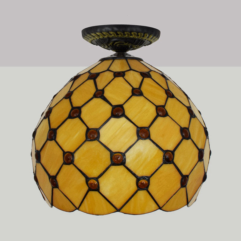 Jeweled Ceiling Flush Tiffany-Style Stained Art Glass 1 Head Bronze Flush Mount Light, 7.5"/8.5"/10" H Clearhalo 'Ceiling Lights' 'Close To Ceiling Lights' 'Close to ceiling' 'Flush mount' Lighting' 297414