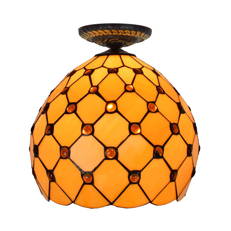 Jeweled Ceiling Flush Tiffany-Style Stained Art Glass 1 Head Bronze Flush Mount Light, 7.5"/8.5"/10" H Clearhalo 'Ceiling Lights' 'Close To Ceiling Lights' 'Close to ceiling' 'Flush mount' Lighting' 297415