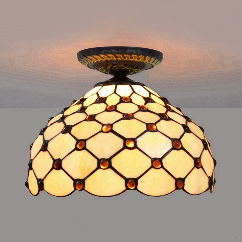 Jeweled Ceiling Flush Tiffany-Style Stained Art Glass 1 Head Bronze Flush Mount Light, 7.5"/8.5"/10" H Bronze 7.5" Clearhalo 'Ceiling Lights' 'Close To Ceiling Lights' 'Close to ceiling' 'Flush mount' Lighting' 297417