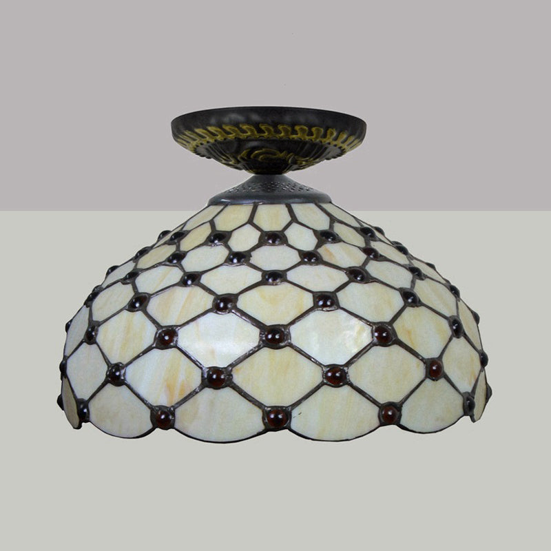 Jeweled Ceiling Flush Tiffany-Style Stained Art Glass 1 Head Bronze Flush Mount Light, 7.5"/8.5"/10" H Clearhalo 'Ceiling Lights' 'Close To Ceiling Lights' 'Close to ceiling' 'Flush mount' Lighting' 297418