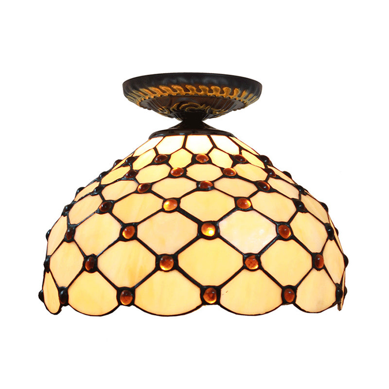 Jeweled Ceiling Flush Tiffany-Style Stained Art Glass 1 Head Bronze Flush Mount Light, 7.5"/8.5"/10" H Clearhalo 'Ceiling Lights' 'Close To Ceiling Lights' 'Close to ceiling' 'Flush mount' Lighting' 297419